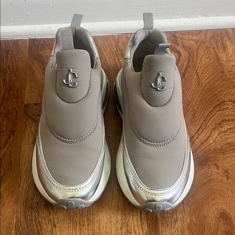 Jimmy Choo Taupe and Silver Slip-On Chunky Sneakers